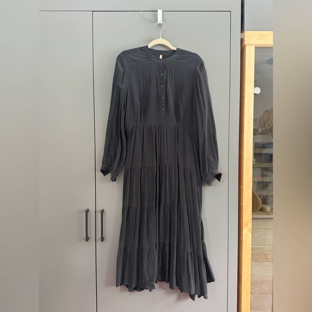 Tiered Black Silk Dress with long sleeve. Size L